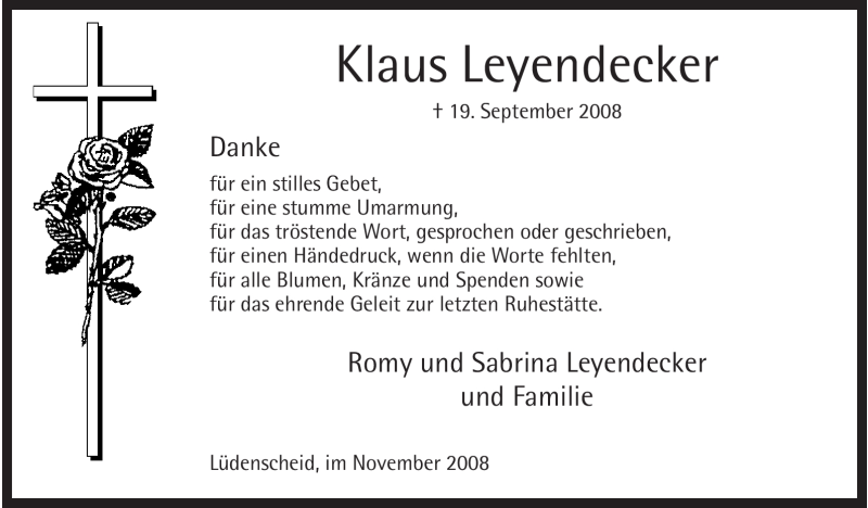  Traueranzeige für Klaus Leyendecker vom 15.11.2008 aus Tageszeitung