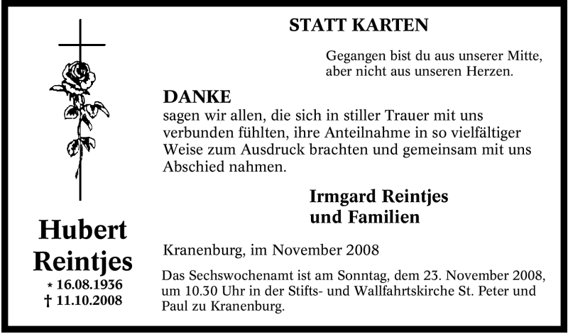  Traueranzeige für Hubert Reintjes vom 18.11.2008 aus Tageszeitung