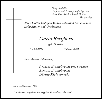 Traueranzeige von Maria Berghorn von Tageszeitung