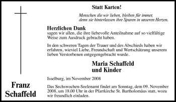 Traueranzeige von Franz Schaffeld von Tageszeitung