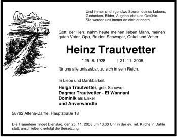 Traueranzeige von Heinz Trautvetter von Tageszeitung