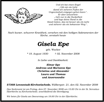 Traueranzeige von Gisela Epe von Tageszeitung