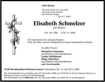 Traueranzeige von Elisabeth Schmelzer von Tageszeitung