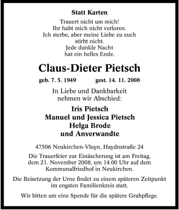 Traueranzeige von Claus-Dieter Pietsch von Tageszeitung