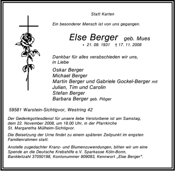 Traueranzeige von Else Berger von Tageszeitung