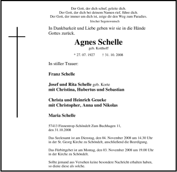 Traueranzeige von Agnes Schelle von Tageszeitung