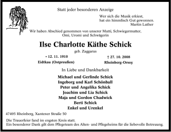 Traueranzeige von Ilse Charlotte Käthe Schick von Tageszeitung
