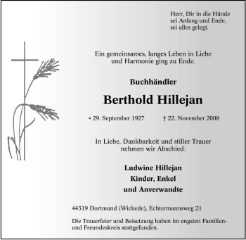 Traueranzeige von Berthold Hillejan von Tageszeitung