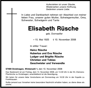 Traueranzeige von Elisabeth Rüsche von Tageszeitung