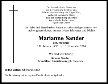 Traueranzeige von Marianne Sander von Tageszeitung