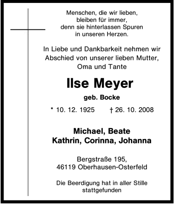 Traueranzeige von Ilse Meyer von Tageszeitung