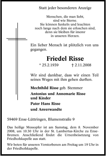 Traueranzeige von Friedel Risse von Tageszeitung