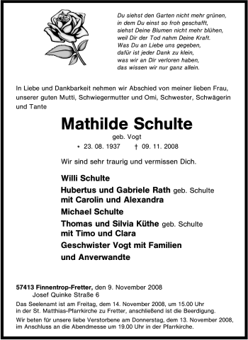 Traueranzeige von Mathilde Schulte von Tageszeitung