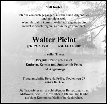 Traueranzeige von Walter Pielot von Tageszeitung