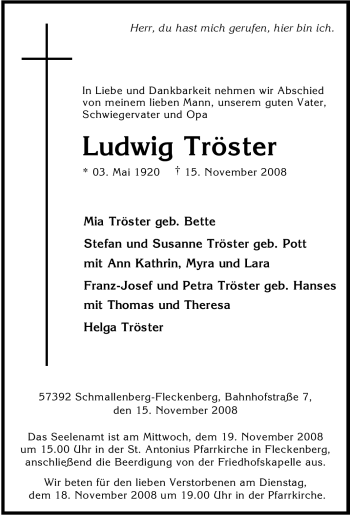 Traueranzeige von Ludwig Tröster von Tageszeitung