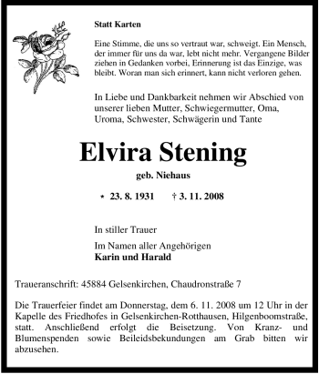 Traueranzeige von Elvira Stening von Tageszeitung