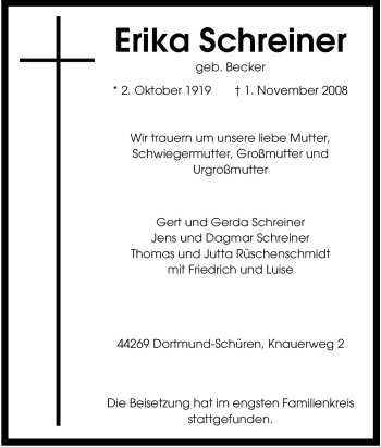 Traueranzeige von Erika Schreiner von Tageszeitung