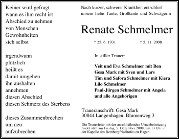 Traueranzeige von Renate Schmelmer von Tageszeitung