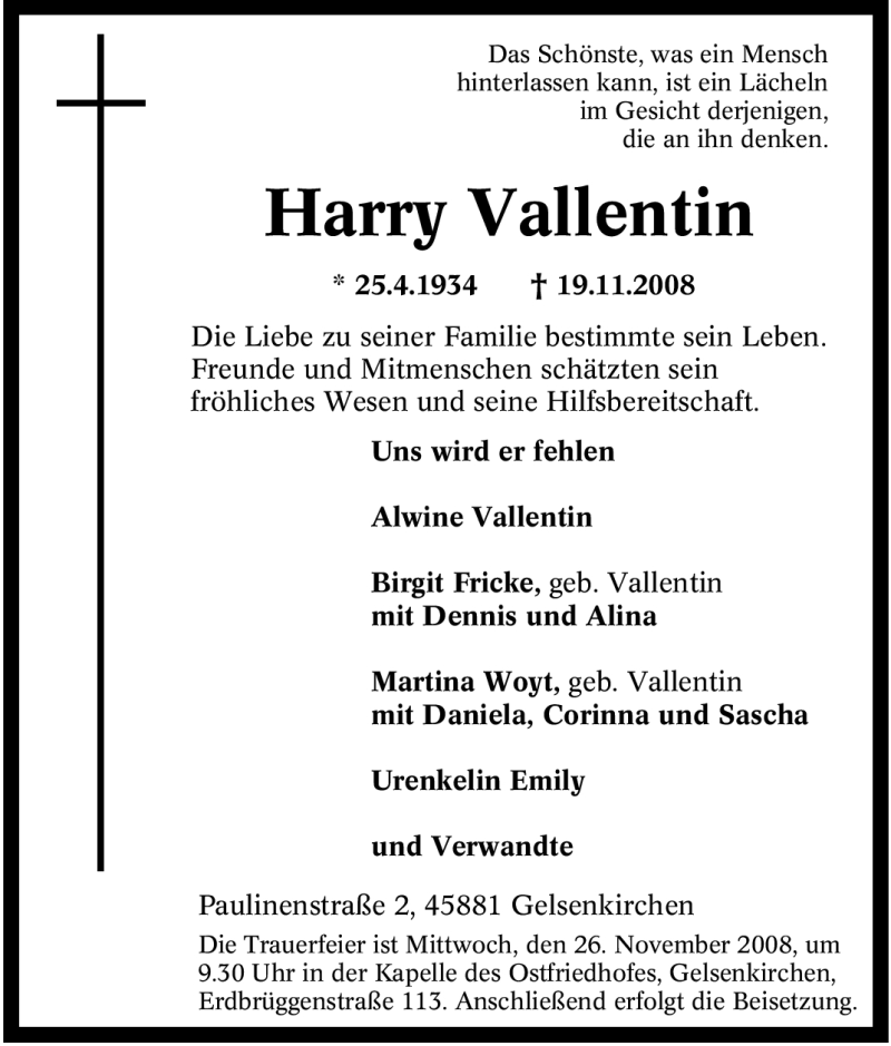  Traueranzeige für Harry Vallentin vom 22.11.2008 aus Tageszeitung
