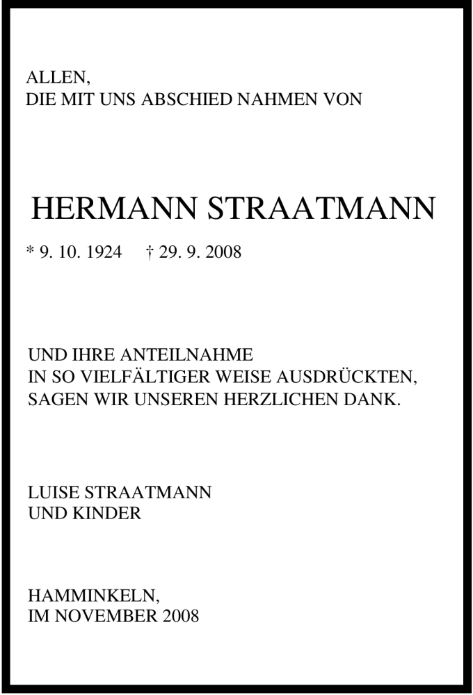 Traueranzeige für Hermann Straatmann vom 05.11.2008 aus Tageszeitung