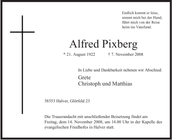 Traueranzeige von Alfred Pixberg von Tageszeitung