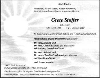 Traueranzeige von Grete Stoffer von Tageszeitung