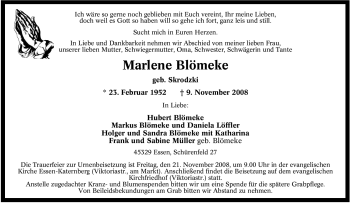 Traueranzeige von Marlene Blömeke von Tageszeitung
