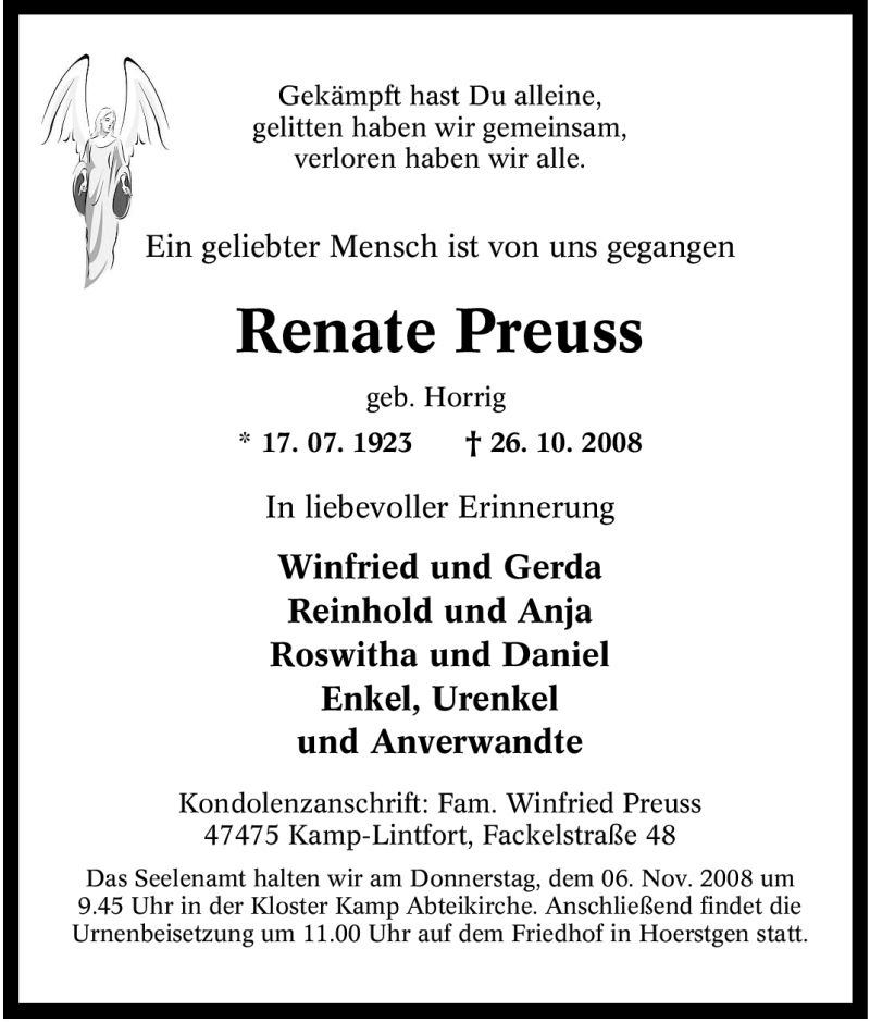 Traueranzeige für Renate Preuss vom 01.11.2008 aus Tageszeitung