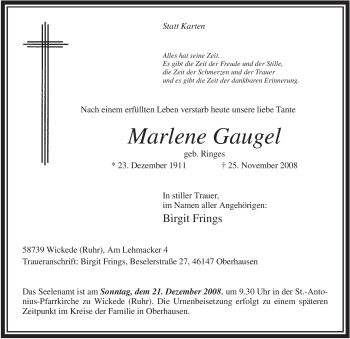 Traueranzeige von Marlene Gaugel von Tageszeitung