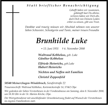 Traueranzeige von Brunhilde Luke von Tageszeitung
