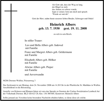 Traueranzeige von Heinrich Albers von Tageszeitung