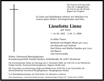 Traueranzeige von Lieselotte Linne von Tageszeitung