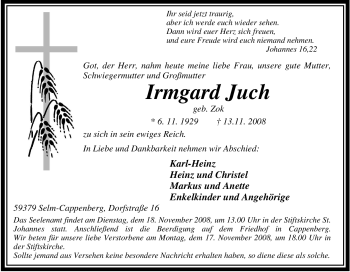 Traueranzeige von Irmgard Juch von Tageszeitung