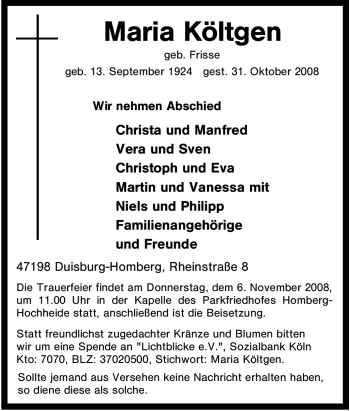 Traueranzeige von Maria Költgen von Tageszeitung