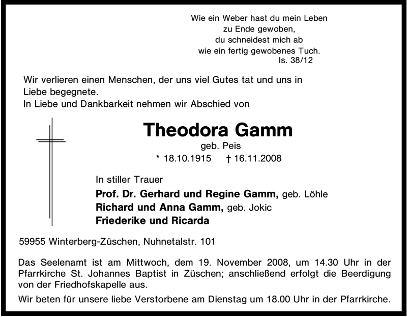  Traueranzeige für Theodora Gamm vom 17.11.2008 aus Tageszeitung