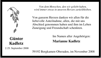 Traueranzeige von Günter Kadletz von Tageszeitung