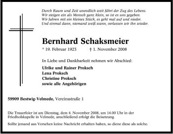 Traueranzeige von Bernhard Schaksmeier von Tageszeitung