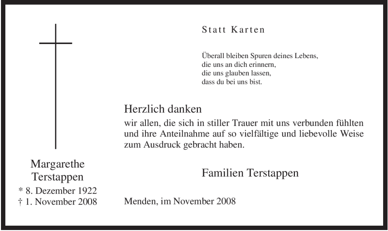  Traueranzeige für Margarethe Terstappen vom 28.11.2008 aus Tageszeitung
