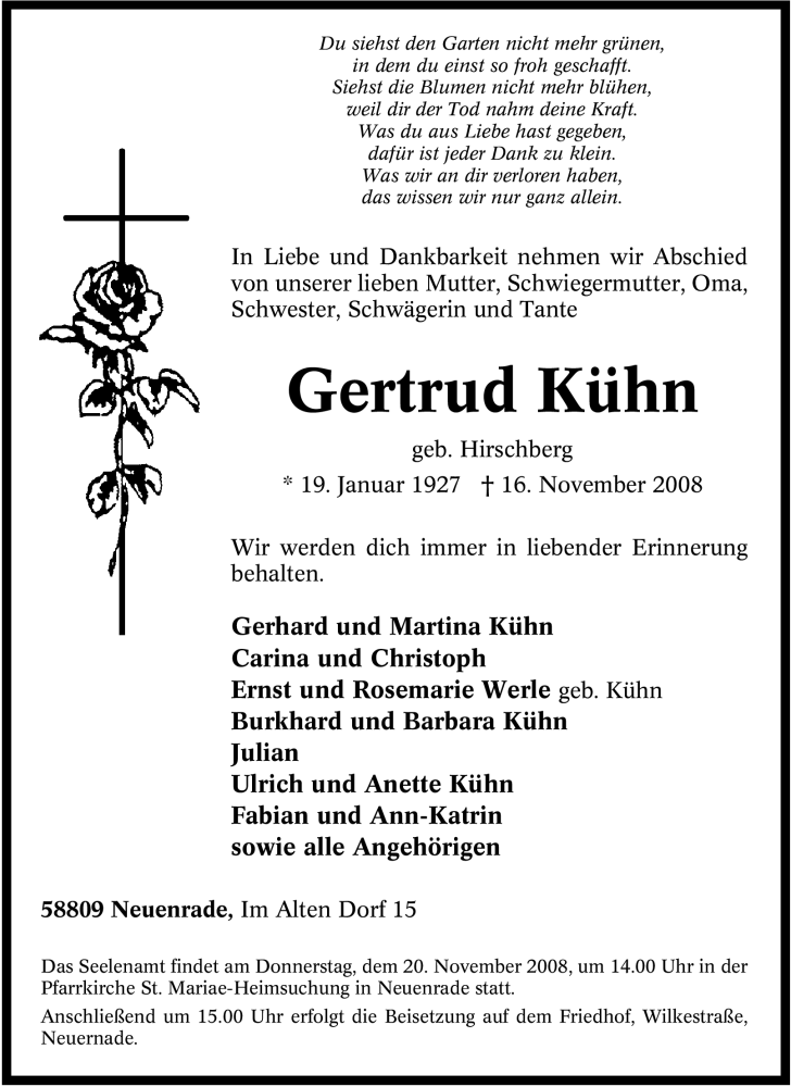  Traueranzeige für Gertrud Kühn vom 18.11.2008 aus Tageszeitung