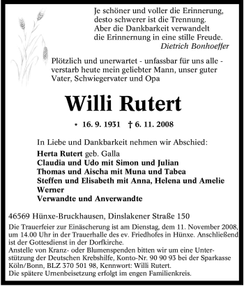 Traueranzeige von Willi Rutert von Tageszeitung
