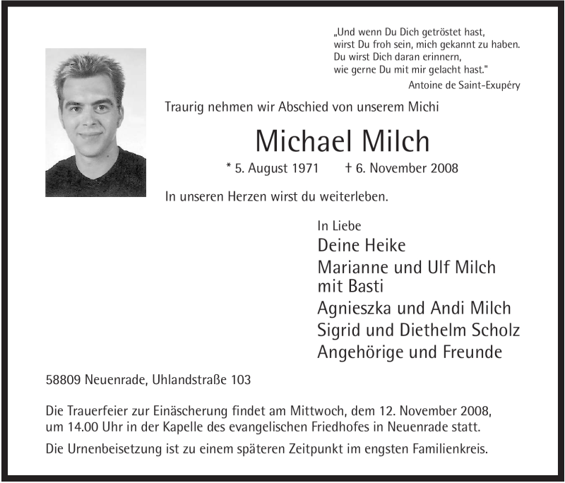  Traueranzeige für Michael Milch vom 10.11.2008 aus Tageszeitung