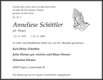 Traueranzeige von Anneliese Schöttler von Tageszeitung