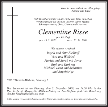 Traueranzeige von Clementine Risse von Tageszeitung