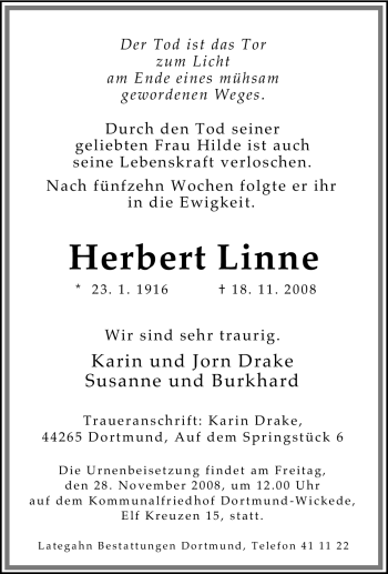 Traueranzeige von Herbert Linne von Tageszeitung