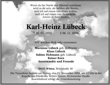 Traueranzeige von Karl-Heinz Lübeck von Tageszeitung