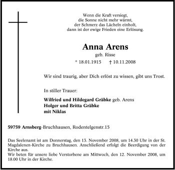 Traueranzeige von Anna Arens von Tageszeitung