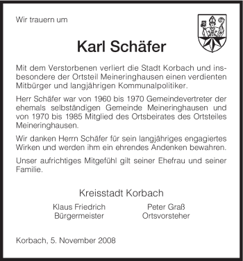 Traueranzeige von Karl Schäfer von Tageszeitung