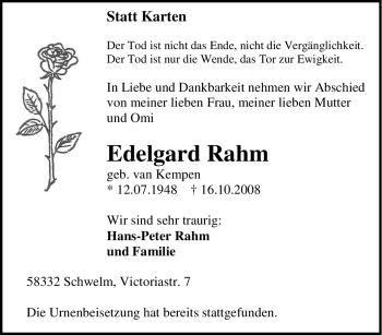 Traueranzeige von Edelgard Rahm von Tageszeitung
