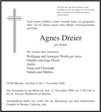 Traueranzeige von Agnes Dreier von Tageszeitung