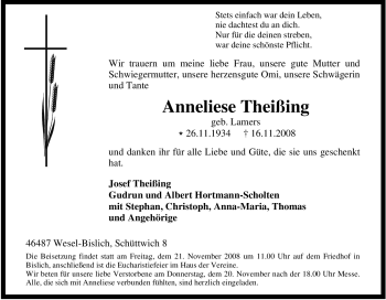 Traueranzeige von Anneliese Theißing von Tageszeitung